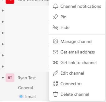 Example of options available for editing channels in Teams