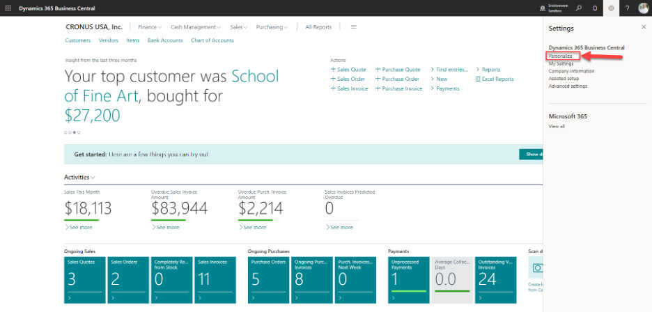 Screenshot taken from Centric Consulting’s Business Central Sandbox Environment